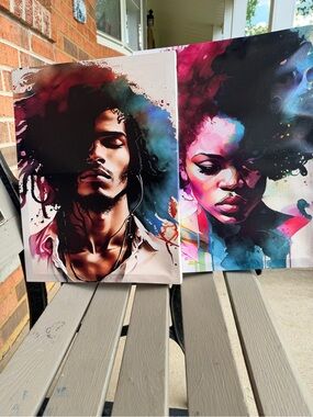 Pair of Contemporary Portrait Canvas Prints in Pink, Blue, Black